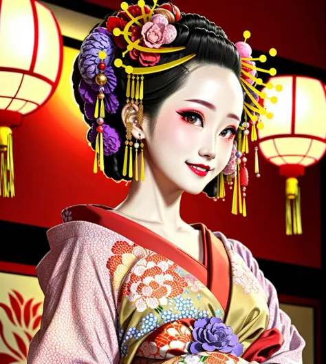 4K, Masterpiece, highres, absurdres,natural volumetric lighting and best shadows, smiling,deep depth of field,soft delicate beautiful attractive face, beautiful edgOiran_woman, a woman in a kimono posing for a picture ,perfect edgOiran_face,perfect edgOiran_body,edgOiran_makeup,edgOiran_hairstyle<lora:OiranbyEDG:0.8>