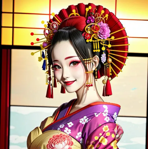 4K, Masterpiece, highres, absurdres,natural volumetric lighting and best shadows, smiling,deep depth of field,soft delicate beautiful attractive face, beautiful edgOiran_woman, a woman in a kimono posing for a picture ,perfect edgOiran_face,perfect edgOiran_body,edgOiran_makeup,edgOiran_hairstyle<lora:OiranbyEDG:0.8>