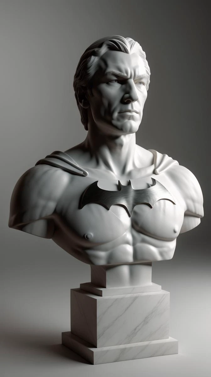 <lora:SigmaBaleDogu2mini:0.9> as marble bust with batman cape <lora:MarbleBust:0.7> , sculpted white hair, white marble texture skin, sclupted batman symbol, statue, white marble, carrara marble