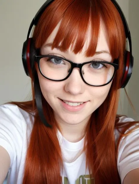 full body photo,photo,dsfutaba, orange hair, long hair, blunt bangs, headphones, (purple colored eyes), glasses,centered,masterpiece, smiling,((closed mouth)), happy expression, expressive eyes,best quality, highres,(hyperrealism:1.5), extremely detailed eyes,extremely detailed,perfect face,perfect eyes,body,hands, (in frame),(head in frame), ((excited pose)), portrait, <lora:dsfutaba-v2:.8>