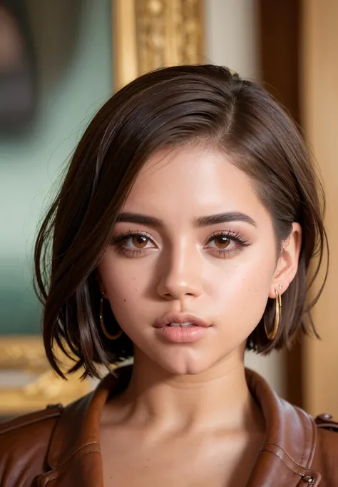 18 years old.
White American.
Short bob haircut, (brunette 1.5), round face, round cheeks, downturned eyes, brown eyes, large straight nose, large bridge of nose, prominent chin, full lips.
Riding a bike in a park.