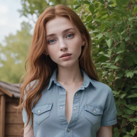 photo of (r3natavall:0.7), a woman, wearing a shirt and jeans in her backyard, Intricate, High Detail, detailed skin, skin pores, Sharp focus, dramatic, photorealistic, (looking at viewer:1.4), (detailed pupils:1.3), (smiling:0.5), 8k, uhd