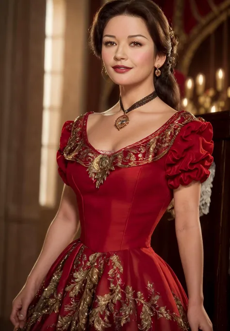 ((masterpiece)), (best quality), perfect anatomy, highres, detailed, (8k), photorealistic,best quality, ultra highres, detailed face,
<lyco:catherinezj_zorro_lycor_01-000004:1>, catherinezj, 1girl, jewelry, earrings, necklace, solo, brown eyes, dress, black hair, smile, lipstick, makeup, red dress, realistic, blurry, brown hair