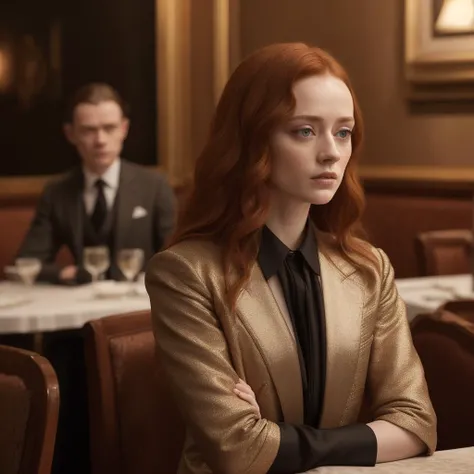 photo of an Irish (cherrynobodysd15:0.5), wearing a silk shirt and trousers (talking:0.7) sitting at a table in an expensive restaurant, Intricate, High Detail, detailed skin, skin pores, Sharp focus, dramatic lighting, photorealistic, (looking away from viewer:1.4), (detailed pupils:1.3), 8k, uhd