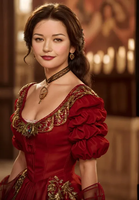 ((masterpiece)), (best quality), perfect anatomy, highres, detailed, (8k), photorealistic,best quality, ultra highres, detailed face,
<lyco:catherinezj_zorro_lycor_01-000004:1>, catherinezj, 1girl, jewelry, earrings, necklace, solo, brown eyes, dress, black hair, smile, lipstick, makeup, red dress, realistic, blurry, brown hair