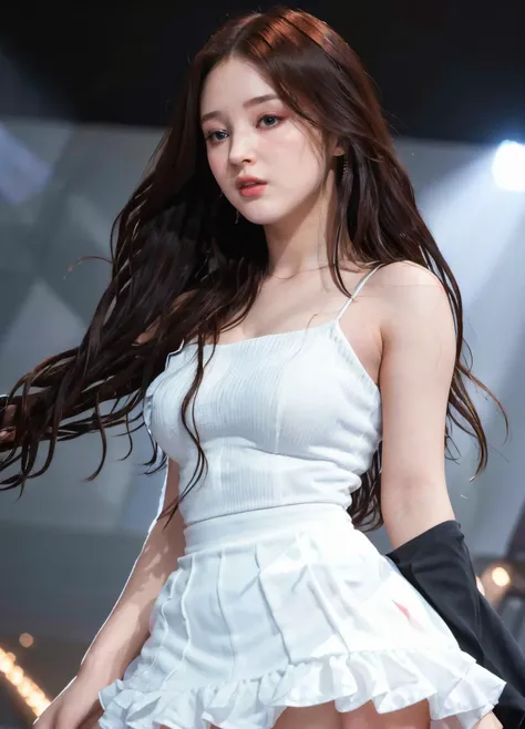 photorealistic,realistic, solo, photorealistic, best quality, ultra high res, 1girl, beautiful, masterpiece, best quality, extremely detailed face, perfect lighting, nancy1, <lora:nancy_v2:0.9>, popstar dress, on stage, long hair, black hair,close-up