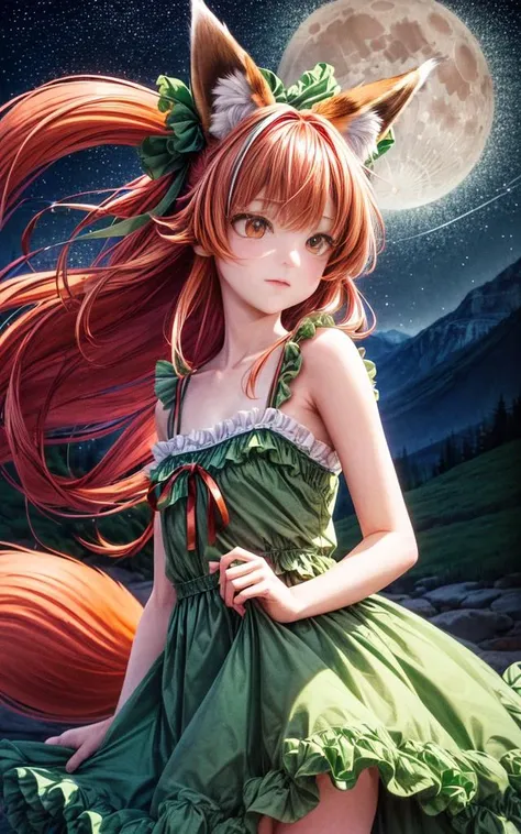 The (girl with fox ears) in a ((green frilly dress) with (red ribbons)), she carries a ((small fox)) in her arms, her (long orange hair) flowing in the wind, standing on transluscent (blue rocks), the (small fox) is sleeping, silvery water pond, under the starry night sky, dark blue mountains far away, big moon, (crescent moon) , beautiful, lavish, ephemeral, dull body portrait, fantasy, ultrarealism, <lora:add_detail:1.4>, ultra-detail, (highres:1.1), best quality, (masterpiece:1.3), beautiful, hires, absurdres