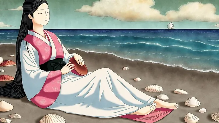 (vladstudio:0.9), close-up of a beautiful woman sitting on a beach, meditating in zen, kimono, clouds, seashells, masterpiece, 8k Unity Wallpaper