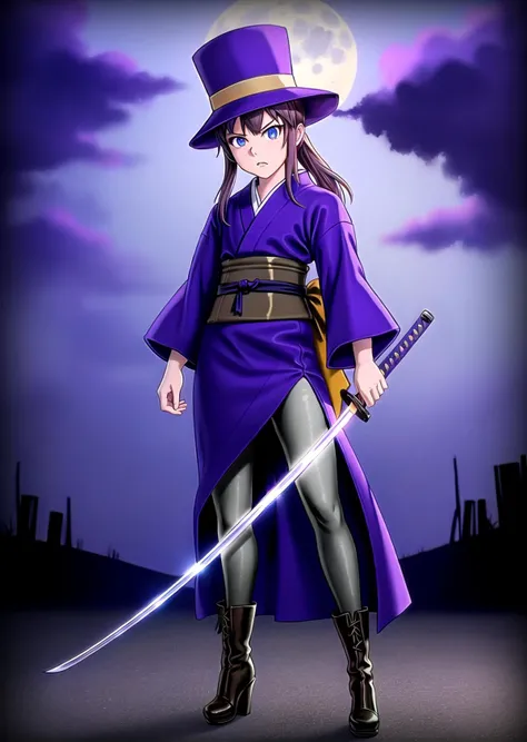 hatkid, purple tophat, purple g0thk1m0n0, pantyhose, goth kimono, sleeves past wrists, high heel boots, holding katana, menacing, angry, full body, full moon, <lora:hatkid:0.85> <lora:g0thk1m0n0:0.3> <lora:katana-000010:0.7> <lora:Style-ShinkawaYoji:0.4>