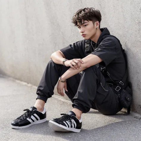 superstar male, mysterious, gobchang, harness, cargo pants, techwear, hypebeast, portrait, candid, modeling, photo, blank background, masterful composition