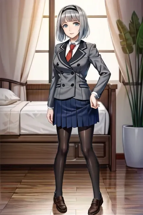 masterpiece, ultra quality, sfw, 1girl, bedroom, standing, <lora:anna_nishikinomiya-000008:0.8>, black hairband, school uniform, pantyhose, black pantyhose, skirt, grey collared shirt, red tie