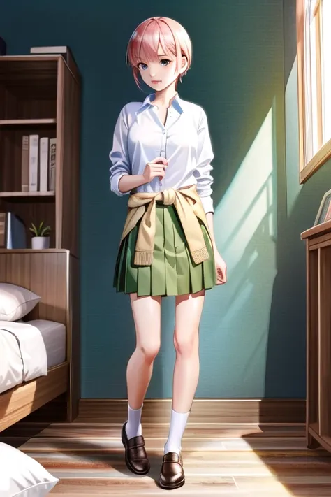 masterpiece, ultra quality, sfw, 1girl, bedroom, standing, white collared shirt, green skirt, pleated skirt, clothes around waist, school uniform, <lora:nakano_ichika-000008:0.8>