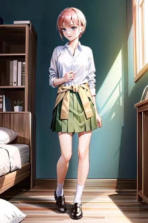 masterpiece, ultra quality, sfw, 1girl, bedroom, standing, white collared shirt, green skirt, pleated skirt, clothes around waist, school uniform, <lora:nakano_ichika-000008:0.8>