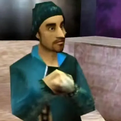 screenshot of a nintendo 64 game, n64, n64style, majorasmask <lora:icbin64:1.2> <lora:Male07:1> Male07, beanie, fingerless gloves, jacket, uniform, blue shirt,