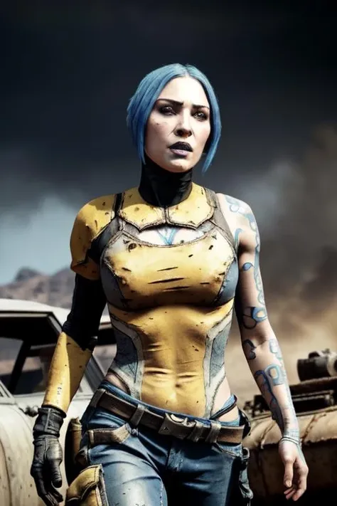 (masterpiece, best quality:1.2), 1girl,  <lora:maya_(borderlands_2):0.9> ,maya (borderlands 2), solo, tattoo, short hair, blue hair, breasts, makeup, gloves, pants, belt, lipstick, large breasts, blue lips, science fiction, denim, single glove, bodysuit, jeans, treasure vault, looking at viewer, arm up, detailed outdoors background, closed mouth, cleavage, high security, mad max, mad max: fury road, fierce, explosions, war, covered nipples, light particles