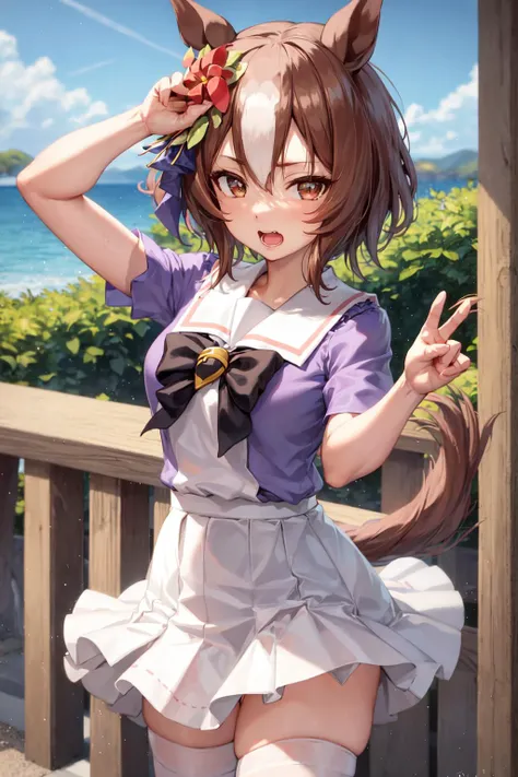 masterpiece, best quality,
yaeno muteki \(umamusume\),
waving, open mouth, looking at viewer,
tracen school uniform, summer uniform, serafuku, puffy short sleeves, bowtie, horseshoe ornament, purple shirt, sailor collar, sailor shirt, frills, white skirt, miniskirt, zettai ryouiki, white thighhighs,
<lora:yaeno_muteki_loha:0.6>