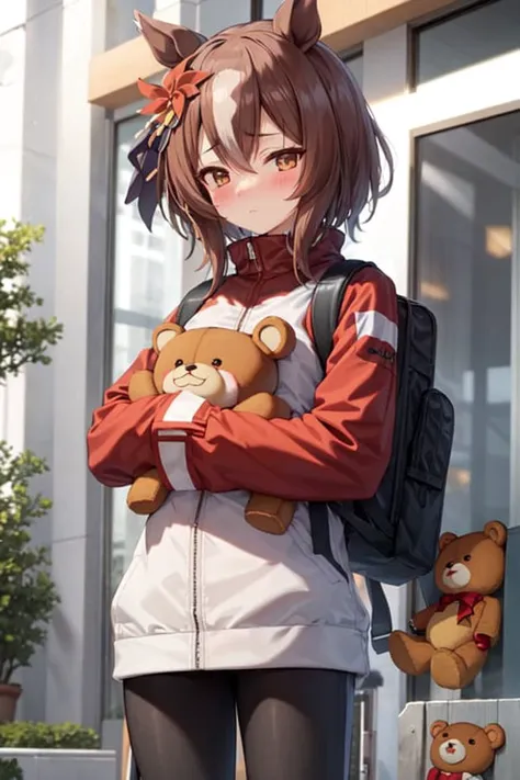 masterpiece, best quality,
yaeno muteki \(umamusume\), 
object hug, looking at viewer, teddy bear, 
blush, long sleeves, cowboy shot, bag, black jacket, sleeves past wrists, black pants, backpack, stuffed animal, track jacket,  track pants
<lora:yaeno_muteki_loha:0.6>