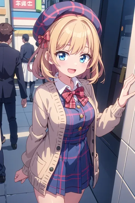 insanely detailed, absurdres, ultra-highres, ultra-detailed, best quality,
1girl, solo, nice hands, perfect hands,
BREAK
(vintage-inspired beret with flower pin:1.3), (navy and red plaid dress:1.5), (golden buttons down the front:1.2), (ivory blouse with ruffle detailing and red bow tie:1.4), (peach cardigan with cable knit pattern:1.3), (black tights:1.1), (red Mary Jane shoes:1.2)
BREAK
happy smile, laugh, open mouth, standing,
45 angle,
cute pose, cowboy shot,
BREAK
slender, kawaii, perfect symmetrical face, ultra cute girl, ultra cute face, ultra detailed eyes, ultra detailed hair, ultra cute, ultra beautiful,
BREAK
in harajuku, shibuya, tokyo, street, crowd, cityscape,
BREAK
medium breasts,
(blonde medium hair, blue eyes),