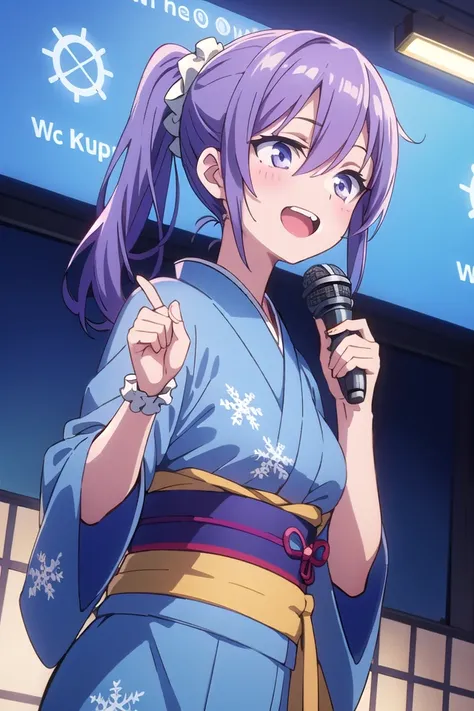 insanely detailed, absurdres, ultra-highres, ultra-detailed, best quality,
1girl, solo, nice hands, perfect hands
BREAK
(pastel-blue and white theme:1.4), (maxi length pastel-blue kimono with [white] obi:1.4), (Extremely detailed snowflake-symbol print:1.3), (wrap a white scrunchie around wrist:1.3),
(naked skin:-1), (white kimono:-1), (legs:-1.4), (slit:-1.4)
BREAK
happy smile, laugh, open mouth, (standing, singing, dancing, holding microphone:1.4),
from below,
seductive pose, cowboy shot
BREAK
slender, kawaii, perfect symmetrical face, ultra cute girl, ultra cute face, ultra detailed eyes, ultra detailed hair, ultra cute, ultra beautiful
BREAK
indoors, japanese, ryokan, tatami, futon
BREAK
medium breasts,
(purple hair, purple eyes), hair between eyes
