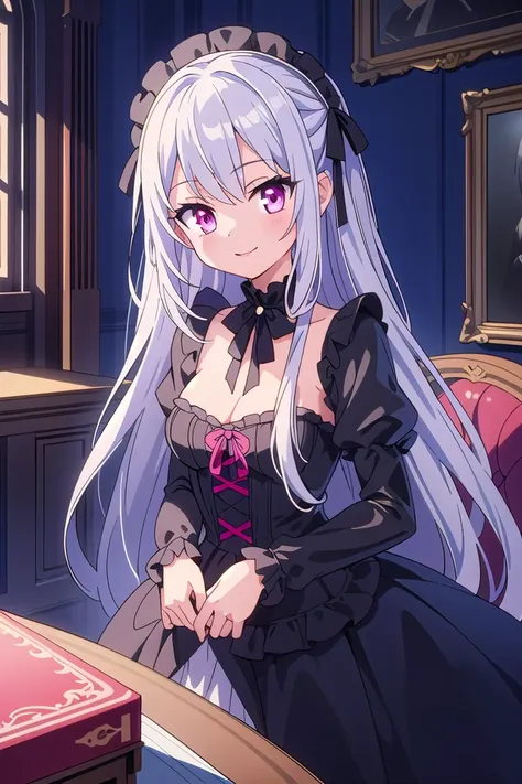 ((masterpiece:1.4, best quality)), ((masterpiece, best quality)),
one girl, cute girl, silver hair, long hair, pink eyes, smile, black gothic dress, white frill, hair dress,
indoors, castle, gothic, cute pose