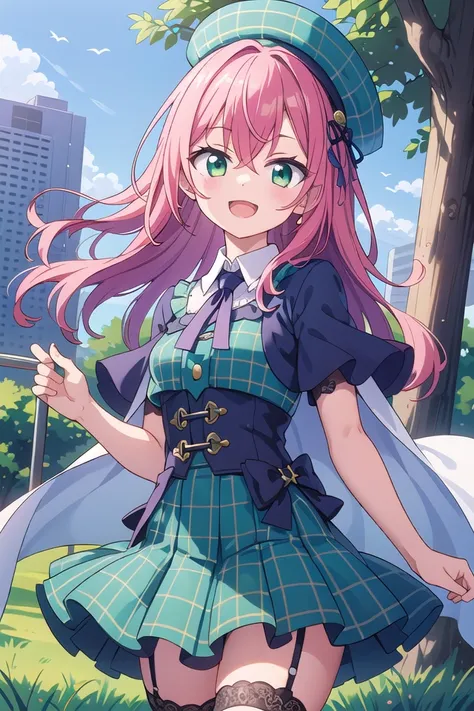 insanely detailed, absurdres, ultra-highres, ultra-detailed, best quality,
1girl, solo, nice hands, perfect hands
BREAK
((gothic dress, Idol costume):1.3), (green and white theme:1.2), (white blouse:1.4), ((white collar, tie):1.3), (open short-cape:1.3), (short sleeve:1.2), (green tartan-check pattern (ruffle-skirt, multilayer-skirt):1.4), (white basque-beret with ribbon:1.3), (Fishnet stockings:1.3), (glove:1.2), (cleavage:-1.5)
BREAK
happy smile, laugh, open mouth
BREAK
standing, cowboy shot, looking at viewer
BREAK
slender, kawaii, perfect symmetrical face, ultra cute girl, ultra cute face, ultra detailed eyes, ultra detailed hair, ultra cute, ultra beautiful
BREAK
in forest, depth of field, ultra detailed background
BREAK
medium large breasts
BREAK
orange hair, green eyes, braid, hair between eyes