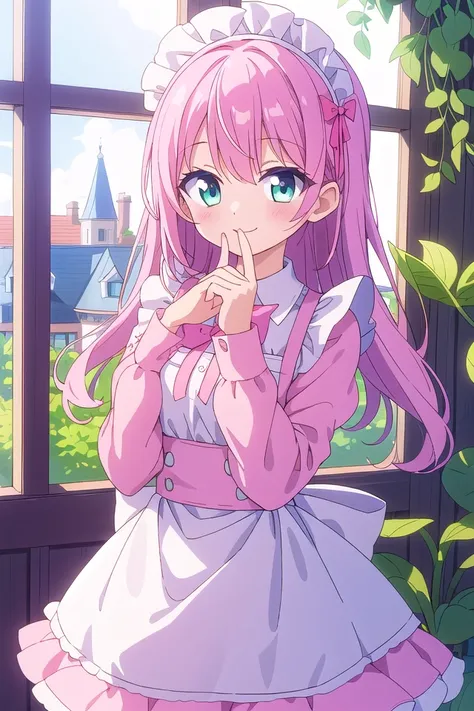 insanely detailed, absurdres, ultra-highres, ultra-detailed, best quality,
1girl, solo, nice hands, perfect hands,
BREAK
apron, blush, bow, bowtie, frilled apron, frills, long sleeves, maid, maid apron, maid headdress, waist apron, white apron
BREAK
smile, closed mouth
BREAK
finger to mouth, index finger raised, shushing, cowboy shot, looking at viewer,
BREAK
slender, kawaii, perfect symmetrical face, ultra cute girl, ultra cute face, ultra detailed eyes, ultra detailed hair, ultra cute, ultra beautiful,
BREAK
day, flower, ivy, leaf, indoors, open door, plant, potted plant, vines, window,
BREAK
white (pink:1.2) hair, green eyes, long hair, medium breasts, bangs, eyebrows visible through hair,