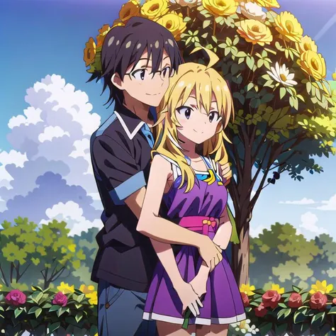 masterpiece,best quality,ultra detail <lora:GoodHands-vanilla:0.7> 1man,1girl,flower garden,portrait,close up,outdoor
AND masterpiece,best quality,ultra detail,1man,1girl, upper body.AkabaneP, black hair, brown eyes,glasses, <lora:AkabaneP:0.7>,smile,looking each other,flower garden,shy,outdoor,shoulder hug,
AND masterpiece,best quality,ultra detail,1man,1girl, <lora:miki-idolmaster:0.7>,upper body ,hoshii miki,ahoge,blond hair,happy,smile,blush,(arm hug),flower garden,looking each other,speech bubble,outdoor,girlish dress <lora:hyperdetailer_v080:0.6>loveheart