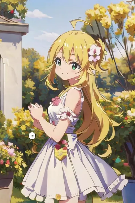 masterpiece,best quality,ultra detail,,1girl, <lora:miki-idolmaster:0.7>,upper body,stylish pose ,hoshii miki,ahoge,blond hair,happy,smile,blush,flower garden,speech bubble,outdoor,girlish dress <lora:oil_painting_v1_1:1>