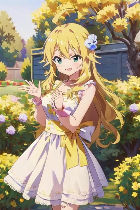 masterpiece,best quality,ultra detail,,1girl, <lora:miki-idolmaster:0.7>,upper body,stylish pose ,hoshii miki,ahoge,blond hair,happy,smile,blush,flower garden,speech bubble,outdoor,girlish dress <lora:oil_painting_v1_1:1>