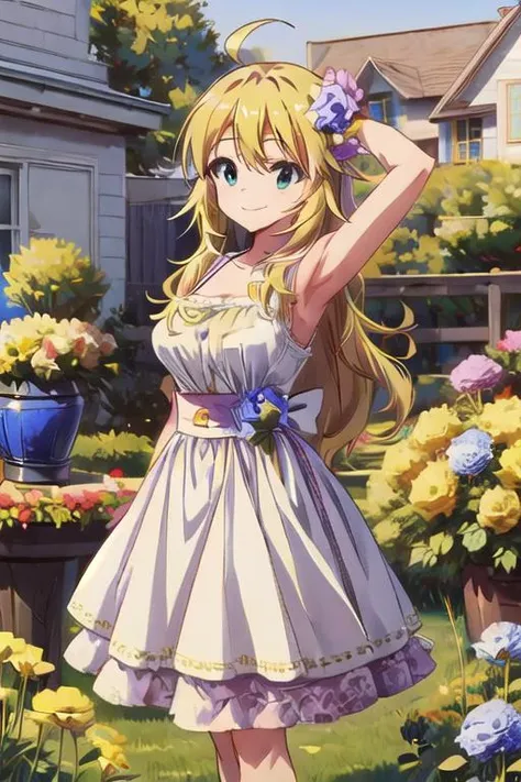 masterpiece,best quality,ultra detail,,1girl, <lora:miki-idolmaster:0.7>,upper body,stylish pose ,hoshii miki,ahoge,blond hair,happy,smile,blush,flower garden,speech bubble,outdoor,girlish dress <lora:hyperdetailer_v080:0.6> <lora:oil_painting_v1_1:1>