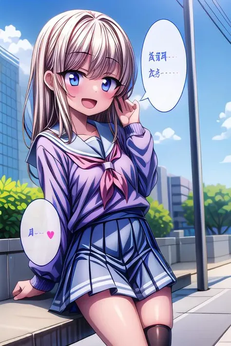masterpiece,best quality, <lora:GoodHands-vanilla:0.7>,girl ,blush,outdoor, uniform,sunburn,evil smile,open mouth<lora:hyperdetailer_v080:1> <lora:kam:1>leg,speech bubble,comic