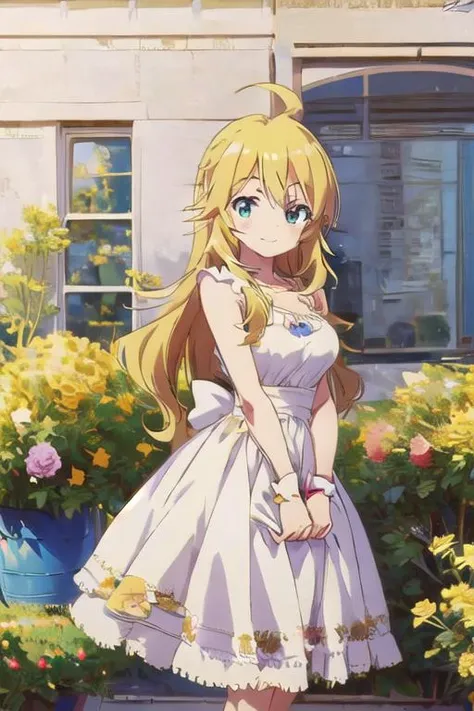 masterpiece,best quality,ultra detail,,1girl, <lora:miki-idolmaster:0.7>,upper body,stylish pose ,hoshii miki,ahoge,blond hair,happy,smile,blush,flower garden,speech bubble,outdoor,girlish dress <lora:oil_painting_v1_1:1>