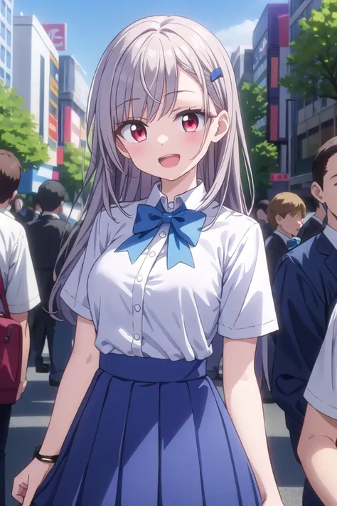 insanely detailed, absurdres, ultra-highres, ultra-detailed, best quality,
1girl, solo, nice hands, perfect hands,
BREAK
summer school uniform with indigo blue bowtie, (short sleeves, dark blue skirt, pleated skirt:1.3), (indigo blue:1.3) bowtie, (white shirt:1.3), shirt with white button, (skirt with many pleats:1.4), plain shirt, plain skirt, (striped bowtie:1.3), shirt_tucked_in ,
BREAK
happy smile, laugh, open mouth, standing,
(45 angle:-1.5), (from side:-1.5),
cute pose, cowboy shot,
BREAK
slender, kawaii, perfect symmetrical face, ultra cute girl, ultra cute face, ultra detailed eyes, ultra detailed hair, ultra cute, ultra beautiful,
BREAK
in harajuku, shibuya, tokyo, street, crowd, cityscape,
BREAK
medium large breasts,
(grey hair, red eyes),