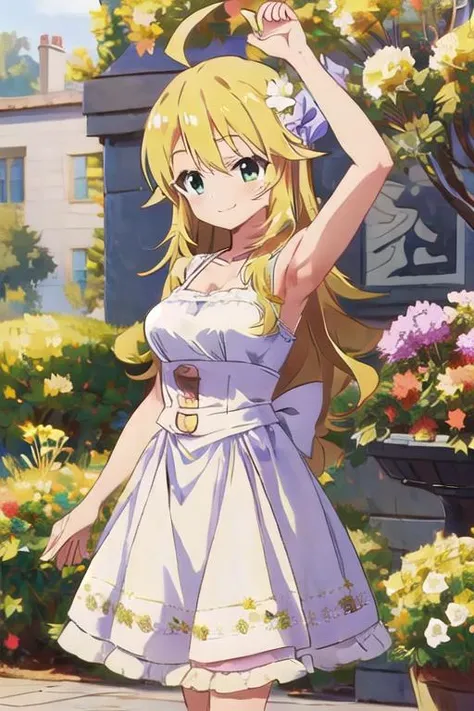 masterpiece,best quality,ultra detail,,1girl, <lora:miki-idolmaster:0.7>,upper body,stylish pose ,hoshii miki,ahoge,blond hair,happy,smile,blush,flower garden,speech bubble,outdoor,girlish dress <lora:oil_painting_v1_1:1>