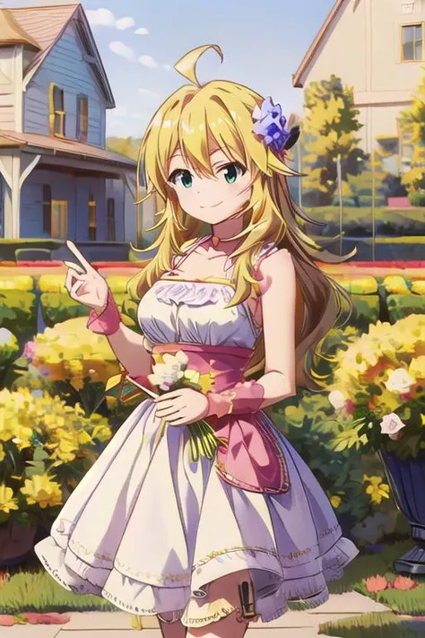 masterpiece,best quality,ultra detail,,1girl, <lora:miki-idolmaster:0.7>,upper body,stylish pose ,hoshii miki,ahoge,blond hair,happy,smile,blush,flower garden,speech bubble,outdoor,girlish dress <lora:hyperdetailer_v080:0.6> <lora:oil_painting_v1_1:1>