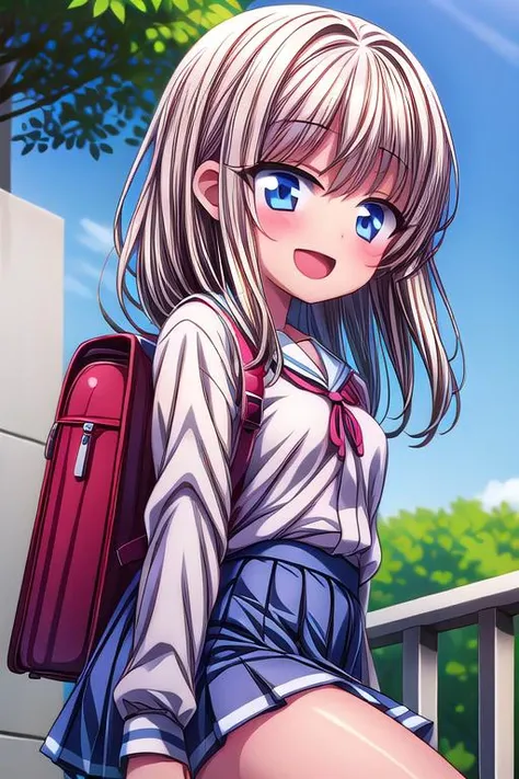 masterpiece,best quality, <lora:GoodHands-vanilla:0.7>,girl ,blush,outdoor, uniform,sunburn,evil smile,open mouth<lora:hyperdetailer_v080:1> <lora:kam:1>leg,speech bubble,comic