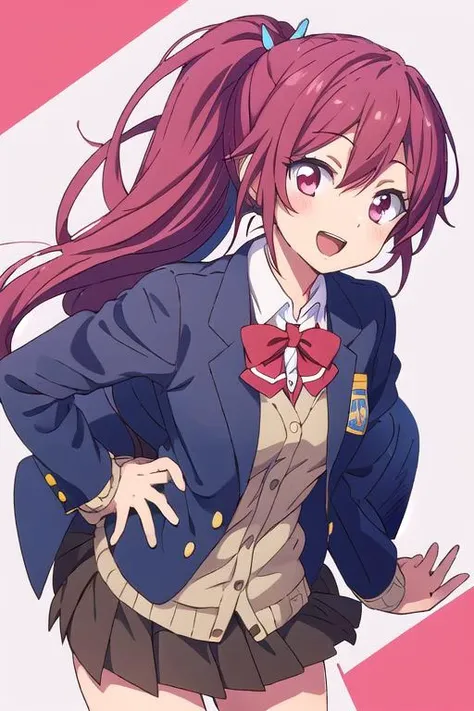 matsuoka gou, 1girl, solo, ponytail, school uniform, smile, open mouth, skirt, jacket, badge