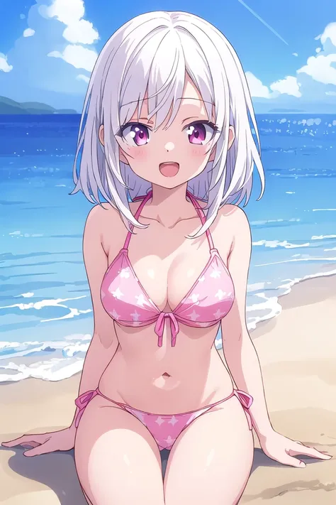insanely detailed, absurdres, ultra-highres, ultra-detailed, best quality,
(wearing pastel pink bikini:1.2),
1 girl, solo, happy smile, laugh, open mouth,
BREAK
sitting on beach, dynamic pose, cowboy shot, looking at viewer,
slender, kawaii, perfect symmetrical face, ultra cute girl, ultra cute face, ultra detailed eyes, ultra detailed hair, ultra cute, ultra beautiful,
BREAK
beach, coast, ocean, blue sky, cloud, outdoor, ultra detailed background,
medium large breasts
BREAK
(white hair:1.3), medium hair, dark red eyes