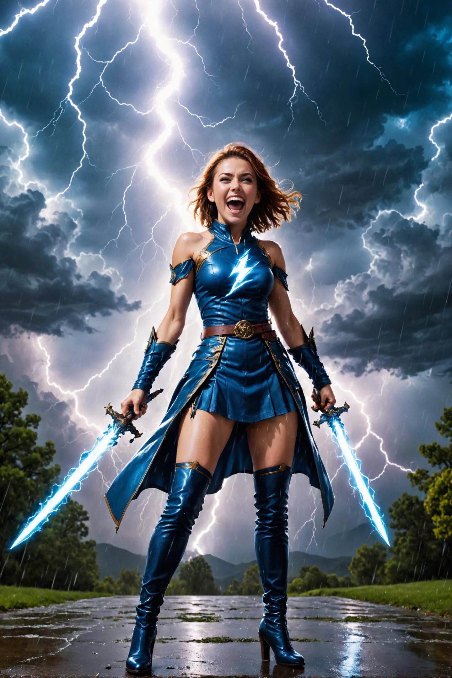 by Joseph Stella and Olivier Valsecchi in the style of Ted Nasmith and __artist_fav__, full body length, cute heroine holding two (((lightning swords))), casting a blue lightning spell, tights, bare shoulders, lightning, symmetrical, rain, digital oil pastel on canvas, extremely detailed, vibrant dream, adorable happy maniacal laughter, two swords, rain <lora:oil_pastel:1.00> <lora:more_art:0.30> <lora:huge_anime_eyes:0.85> <lora:great_lighting:1.30> <lora:aesthetic:2.15> <lora:photorealistic_portrait:1.25> <lora:RMSDXL_Enhance:0.55> <lora:RMSDXL_Creative:0.45> <lora:RMSDXL_Photo:0.45> <lora:RMSDXL_Darkness_Cinema:0.50> <lora:XDetail_heavy:0.75> <lora:perfect_eyes:0.15> <lora:perfect_hands:0.25> <lora:midjourney:-0.20> <lora:looking_at_viewer:1.25> <lora:clothing_slider:6.00> <lora:dpo:0.50> <lora:extremely_detailed:2.25> <lora:vibrant_dream:2.25> <lora:happy_v2:0.35> <lora:maniacal_laughter:2.25> <lora:faetastic:0.25> <lora:add_detail:0.25>