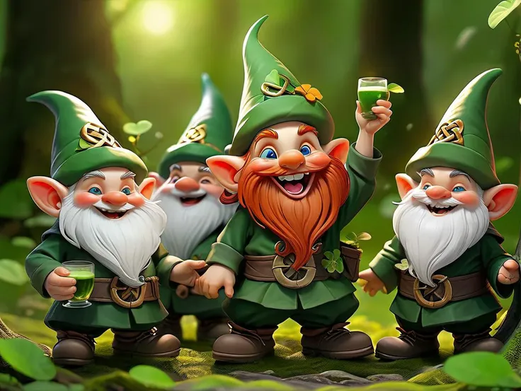 Fairy tale a group of happy gnomes who are wearing green Celtic cultur clothes , they are partying in forest for celebration of Saint Patrick's Day with clovers <lora:happy:1> . Magical, fantastical, enchanting, storybook style, highly detailed