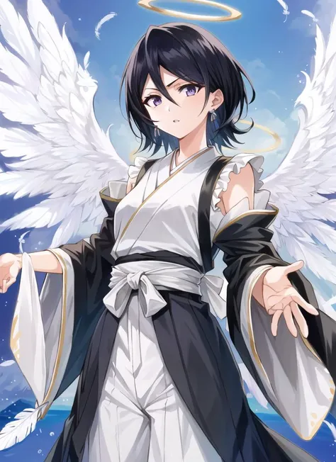 ((best quality)), ((highly detailed)), masterpiece, ((official art)), (detailed eyes, deep eyes), (1girl), <lora:changeACharacterAngelIfy_v10:.6>, AngelT, halo, large feather wings, <lora:bleachRukia_v10:.75>, kuchiki rukia, short hair, black hair, purple eyes, small breasts, japanese clothes, hakama pants, black kimono, sash