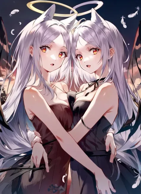 ((best quality)), ((highly detailed)), masterpiece, ((official art)), (detailed eyes, deep eyes), (1girl), <lora:changeACharacterAngelIfy_v10:.9>, AngelT, halo, large feather wings, <lora:cerberusHelltaker_v10:1>, cerberus \(helltaker\), white hair, long hair, (red eyes), dog ears, demon tail, medium breasts