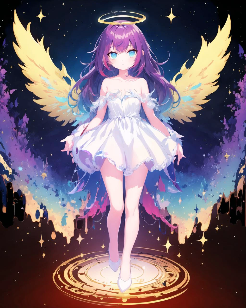 (1girl, solo:1.2), <lora:changeACharacterAngelIfy_v10:0.6>, angelt, large wings, halo, angel, (full body, , looking at viewer, flying), surreal, starry, milky way, (3FE0D0:0.51),(FF3333:0.58), double exposure, collarbone, bare shoulder, long hair,
, <hypernet:ms2:0.2>, <lora:LohaMorningGlory_lohaV10:0.9> <lora:planetSimulatorLora_:0.6> <lora:cosmicRainbow_v1:0.6>, rainbow, <lora:test-noline:0.5>