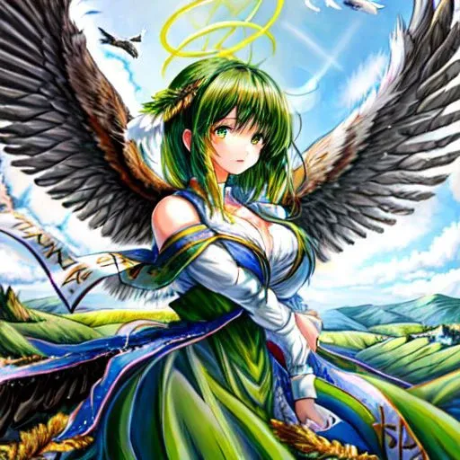 waifu, flying high above a green hilly landscape, feathered wings, dark hair
