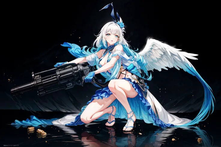 (masterpiece:1.4), (best quality:1.4), (high resolution:1.4),official art, beautiful and aesthetic,1girl, <lora:gatling_gun_lora01:0.7>, gatling gun, gun,shell casing, looking at viewer, bangs, ammunition belt, gloves,breasts,firing, extreme detailed,highest detailed,optical mixing, playful patterns, lively texture, unique visual effect, <lora:add_detail:1>, WarriorStyle,Shooting on one knee, <lyco:AngelT:0.6>,AngelT,colorful, vivid color,wide shot,