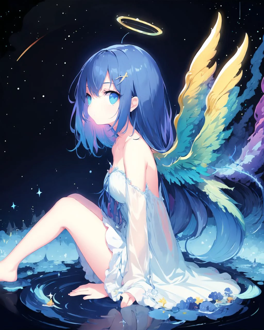 (1girl, solo:1.2), <lora:changeACharacterAngelIfy_v10:0.6>, angelt, large wings, halo, angel, (from side, looking at viewer, sitting), surreal, starry, milky way, (FEFF03:0.68),(F3FFF9:0.49), double exposure, collarbone, bare shoulder, long hair,
, <hypernet:ms2:0.2>, <lora:LohaMorningGlory_lohaV10:0.9> <lora:planetSimulatorLora_:0.6> <lora:cosmicRainbow_v1:0.6>, rainbow, <lora:test-noline:0.5>