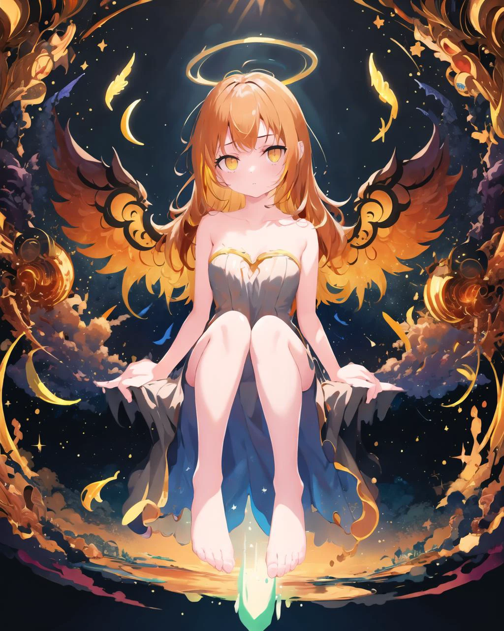 (1girl, solo:1.2), <lora:changeACharacterAngelIfy_v10:0.6>, angelt, large wings, halo, angel, shiny, praying, (full body, from below, looking at viewer, sitting), surreal, starry, milky way, (C0C0C0:0.88),(FF8000:1.25), double exposure, collarbone, bare shoulder, long hair,
, <hypernet:ms2:0.2>, <lora:LohaMorningGlory_lohaV10:0.9> <lora:planetSimulatorLora_:0.6> <lora:cosmicRainbow_v1:0.6>, rainbow, <lora:test-noline:0.5>