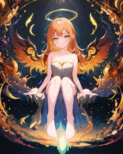 (1girl, solo:1.2), <lora:changeACharacterAngelIfy_v10:0.6>, angelt, large wings, halo, angel, shiny, praying, (full body, from below, looking at viewer, sitting), surreal, starry, milky way, (C0C0C0:0.88),(FF8000:1.25), double exposure, collarbone, bare shoulder, long hair, 

 , <hypernet:ms2:0.2>,   <lora:LohaMorningGlory_lohaV10:0.9> <lora:planetSimulatorLora_:0.6> <lora:cosmicRainbow_v1:0.6>, rainbow,  <lora:test-noline:0.5>