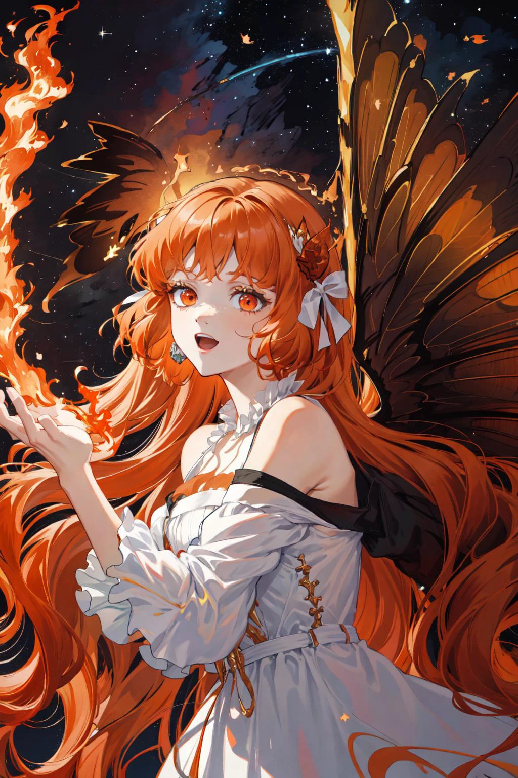 masterpiece, best quality, ultra-detailed, absurdres, particles,
(flame theme,:1.4),cheerful smile
butterfly theme,red and orange,
(burning long dress:1.52),
(glowing eyes:1.3), depth of field, night, blurry background,beautiful light and shade,
(beautiful starry night sky:1.3),
1girl, red eyes,fiery-form,fiery-butterfly wings on back,
(long wavy hair:1.4),(multicolored hair, orange hair|dark red hair:1.45),
detailed eyes, wide-eyed, eyelashes,moth's feathery antennae,
<lora:ishmael-limbus-v4-wasabiya:1> ishmael, freckle
<lora:AngelT:0.8> AngelT
