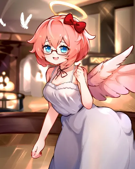 ((best quality)), ((highly detailed)), masterpiece, detailed face, beautiful face, (detailed eyes, deep eyes), (1girl), (glasses), cowboy shot, <lora:Sayori_V1:.75>, Sayori, coral pink hair, blue eyes, short hair, hair bow, red bow, bow, smile, <lora:changeACharacterAngelIfy_v10:1>, AngelT, halo, large feather wings, (indoors, at a casino), <lora:EnvyCuteMix12:1>